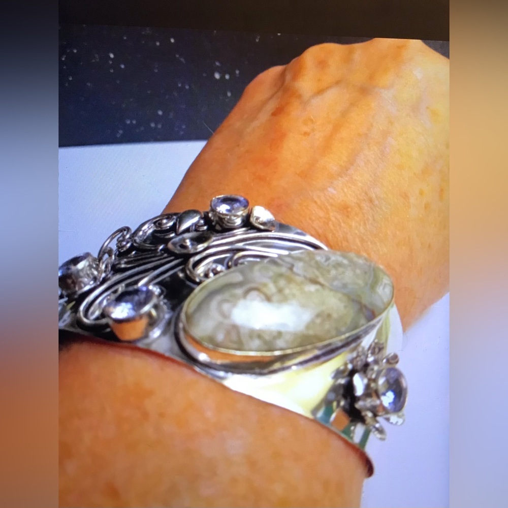 Silver Lace Agate Blue Topaz Stamped 925 Sterling Silver Cuff Bracelet